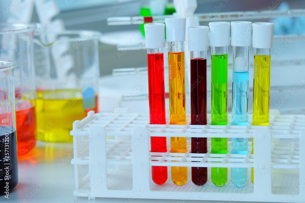 Chemical tube set development and pharmacy in laboratory with multicolored substances in laboratory - Image Chemical tube set development and pharmacy in laboratory with multicolored substances in laboratory - Image