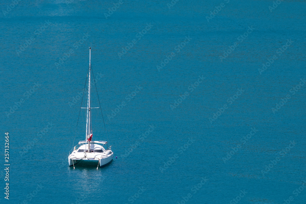 Aerial view of a catamaran sailing in the Andaman Sea, Phuket, Thailand