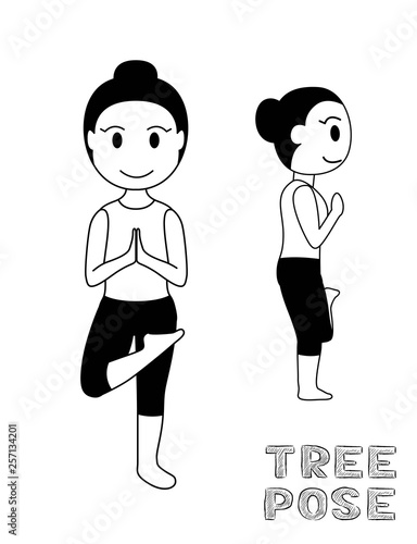 Yoga Tree Pose Cartoon Vector Illustration Monochrome