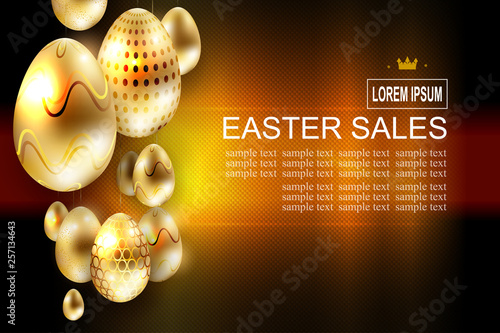 Easter dark textural composition with many golden eggs on pendants,
