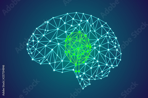 3d digital polygonal human brain with green tree, go green, change of mind and deforestation problem concept, abstract particles plexus structure and science stock vector illustration clip art pattern