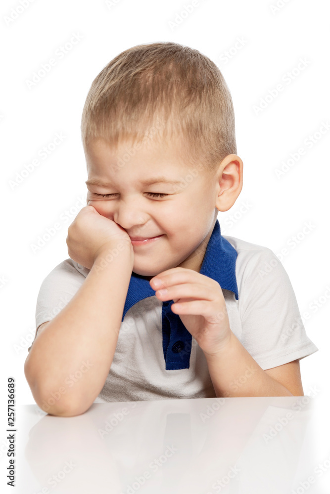 Cute little boy laughs, isolated on white background, vertical Cute little boy laughs, isolated on white background, vertical