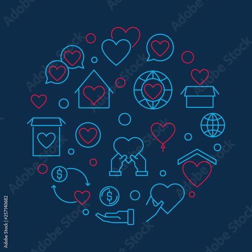 Charitable trust circular vector concept illustration in thin line style on dark blue background