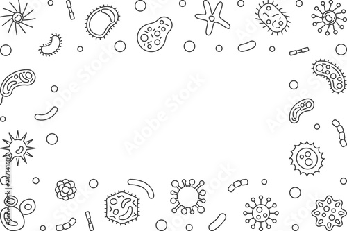 Bacteria horizontal background with with empty space for text. Vector concept illustration or frame in thin line style