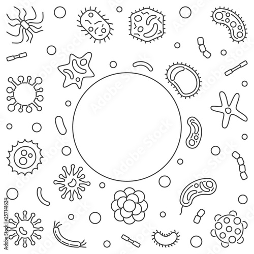 Bacteria, Viruses and Fungi square background - vector frame in thin line style