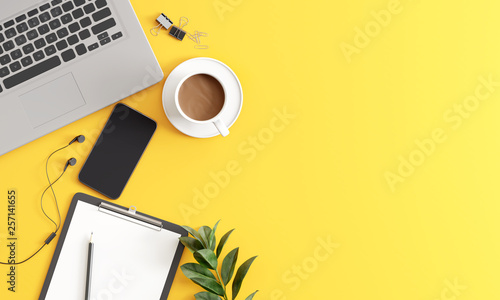Top view yellow office desk with laptop, coffee, smartphone and accessories .3d rendering
