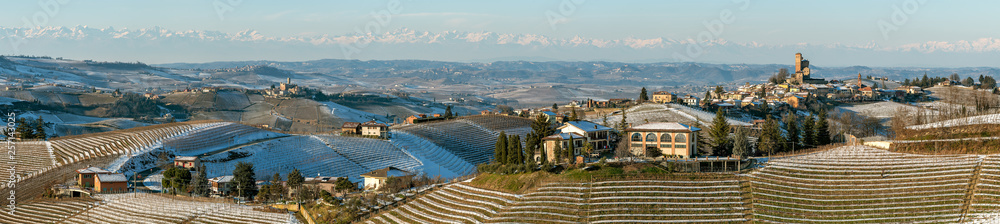 wide angle panorama of Langhe hills in winter, unesco heritage