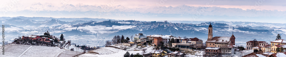 wide angle panorama of Langhe hills near Treiso in winter.
