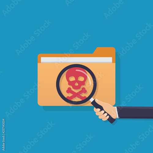 Cyber crime, search for viruses in file folder, virus file storage folder, flat design vector illustration