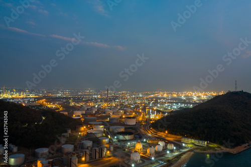 Aerial view. oil refinery factory and Oil industry at twilight. Petrochemical Industrial.