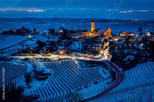 Wide angle panorama of Langhe hills near Treiso in winter. photo