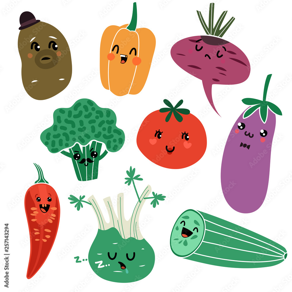 Cartoon vegetables. Vegan healthy meal organic food delicious fresh child vegetable  faces vector isolated characters Stock Vector | Adobe Stock