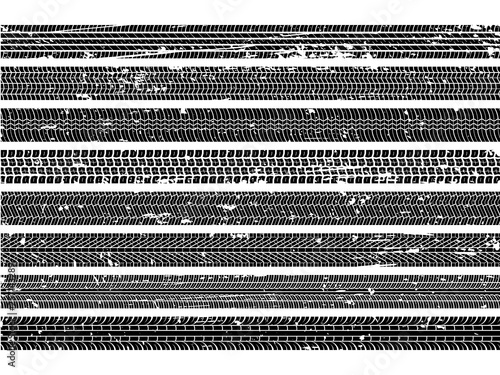 Vehicle tire tracks. Tread grunge track wheel trace trail dirty road speed skid auto scratch print texture collection