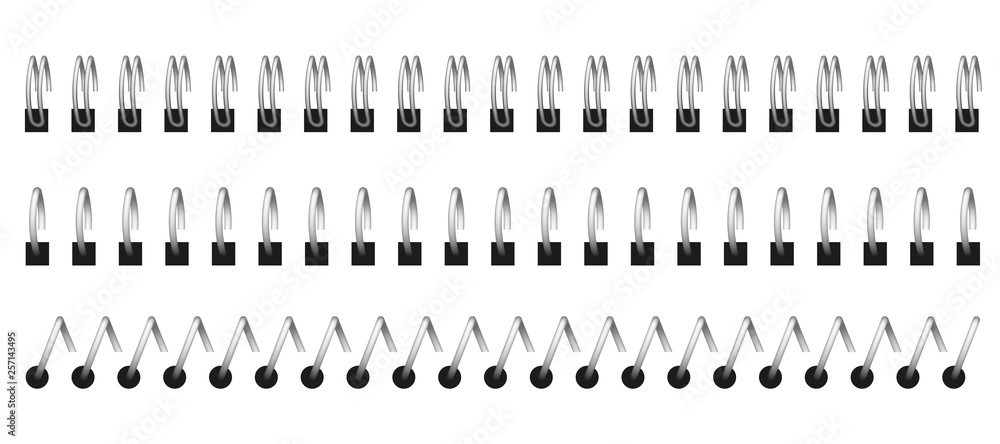 Notebook spirals. Wired binding notebook sheets spiral binder and ringed for paper. Vector spiral steel rings