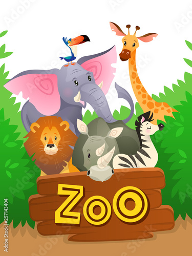 Zoo animals. African safari wildlife cute groups wild animal zoo banner jungle nature funny green landscape background #257143404