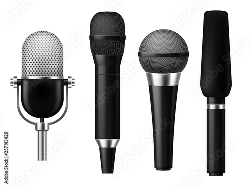 Microphones realistic. Mic conference news media voice concert microphone meeting interview journalist studio show set