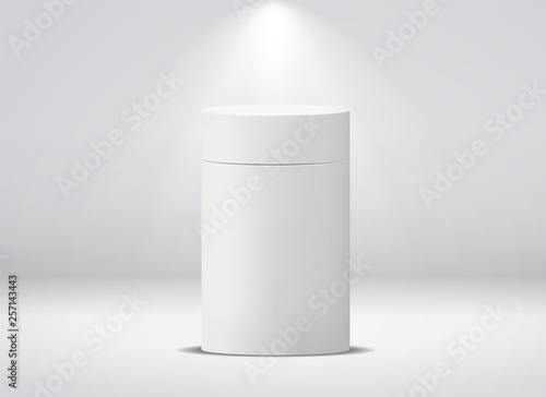 Cylinder package. White round empty paper box for food soup tea coffee vector isolated canister mockup