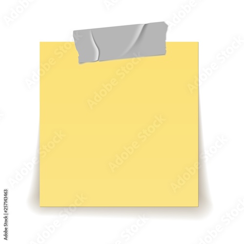 Paper reminder. Scotch tape strip piece stick on yellow important sheet realistic 3d isolated illustration
