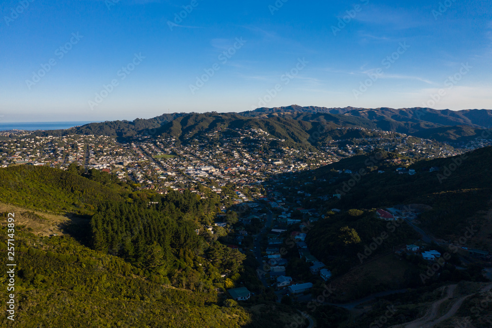 Aerial View Of Karori Suburb and Neighborhoods in Wellington New Zealand