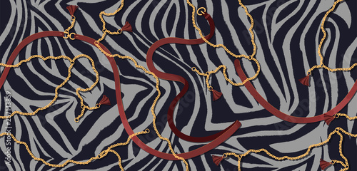 Luxurious shining pattern with a striped zebra skin texture, belts and chains for fabric design or corporate identity. Seamless vector pattern.