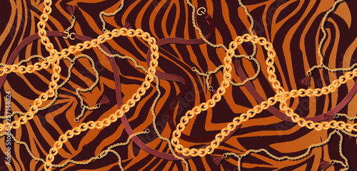 Striped texture with tiger fur with gold chains and leather tassels straps, design and corporate identity. Seamless vector pattern in red and black colors.