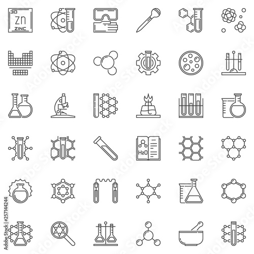 Science and Chemistry vector concept outline icons. Chemistry lab symbols in thin line style