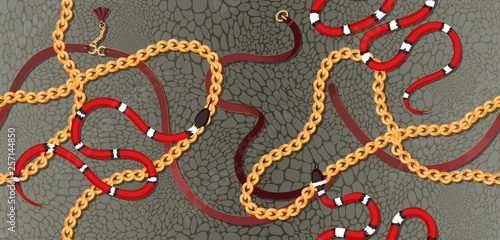 Seamless pattern with snake skin texture with straps and tassels with gold chains and coral apse snakes. Pattern for design clothing or wallpaper