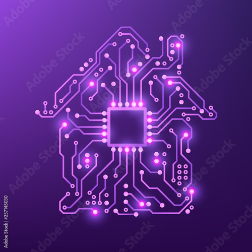 Smart house concept. Violet Circuit Home. Vector illustration isolated on purple background