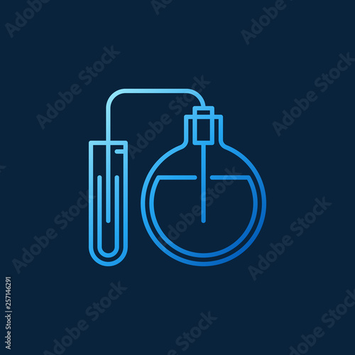 Flask connected with test tube blue outline icon. Vector chemistry glassware concept sign on dark background 