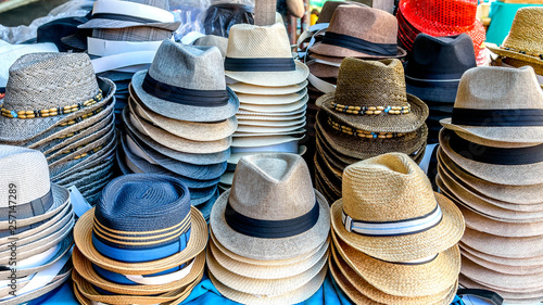 Many types of hats are on display at a market stall in Melbourne Australia.