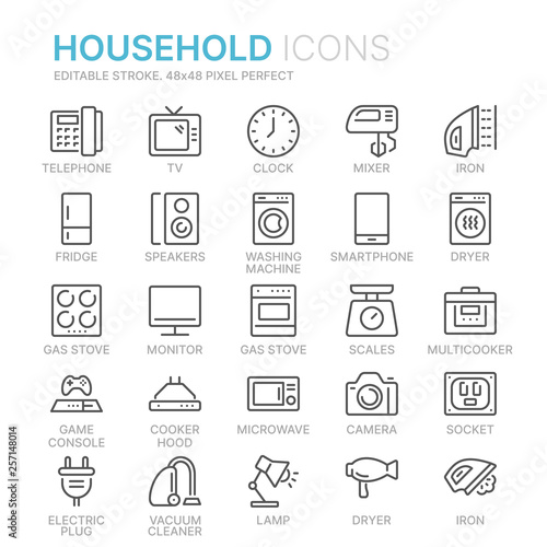 Collection of household line icons. 48x48 Pixel Perfect. Editable stroke