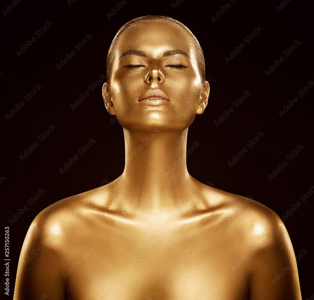 Woman Gold Skin, Fashion Model Golden Body Art, Beauty Portrait Face and Body Shine as Metal