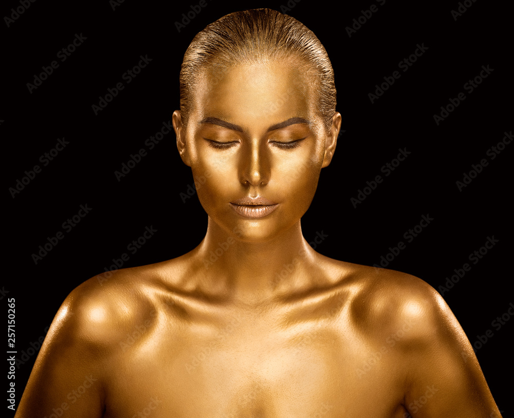 Woman Golden Skin, Fashion Model Painted Gold Body Art, Beauty