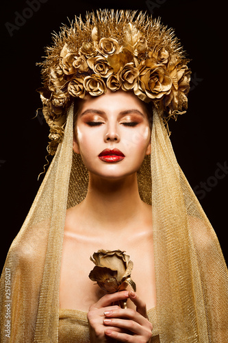 Woman in Gold Flower Crown, Fashion Model Beauty Makeup, Bride in Golden Veil holding Rose