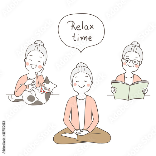 Draw elderly senior woman in relax time meditation