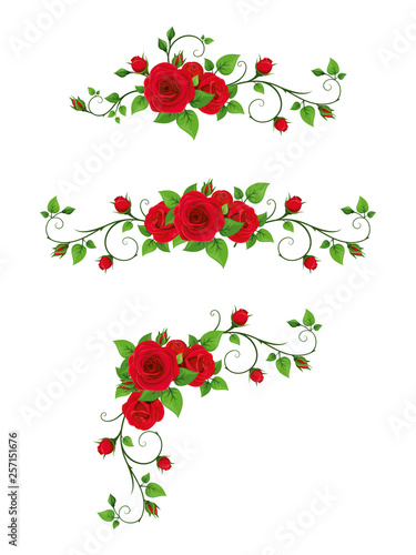 Vector set of vignette elements with red rose vines.