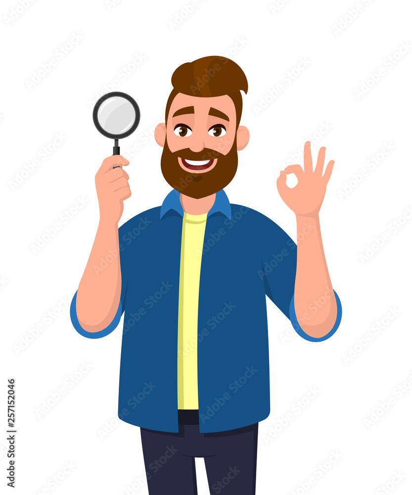Attractive young man holding magnifying glass and gesturing okay/OK sign. Deal, good, agree, approve, search, find, discovery, analyze, inspect, investigation concept illustration in cartoon style. Attractive young man holding magnifying glass and gesturing okay/OK sign. Deal, good, agree, approve, search, find, discovery, analyze, inspect, investigation concept illustration in cartoon style.
