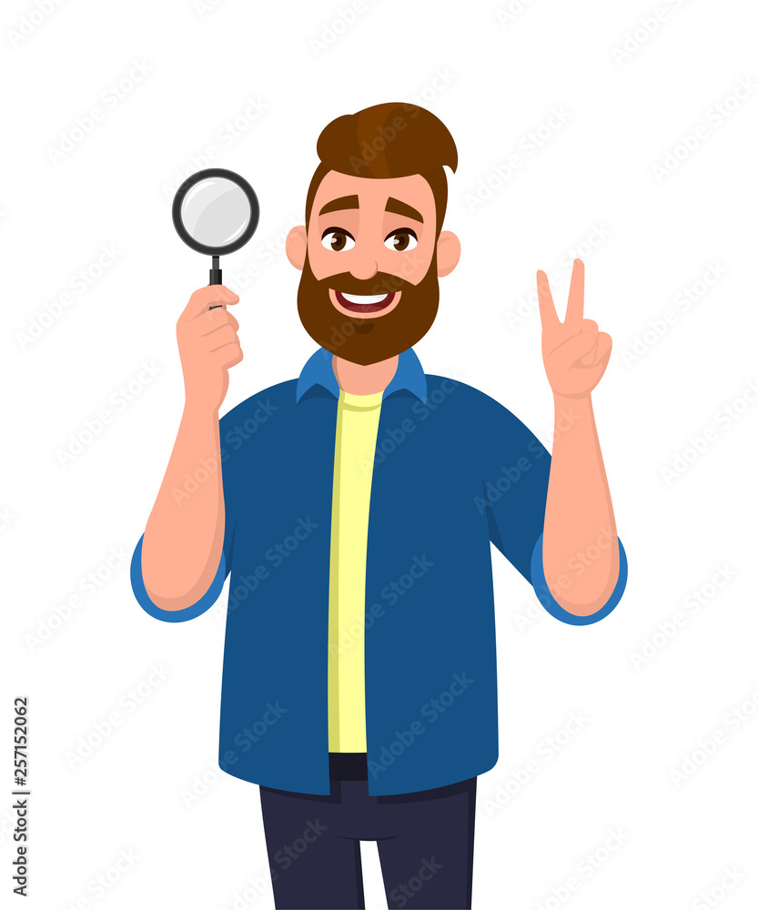 Happy young man holding magnifying glass and gesturing victory/v or peace sign/symbol. Search, find, discovery, analyze, inspect, investigation concept illustration in cartoon flat style. Happy young man holding magnifying glass and gesturing victory/v or peace sign/symbol. Search, find, discovery, analyze, inspect, investigation concept illustration in cartoon flat style.