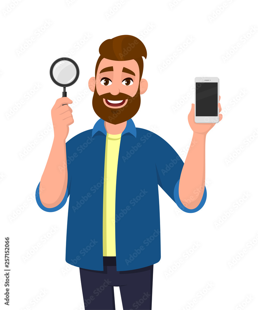 Cheerful bearded young man holding magnifying glass and mobile, cell, smart phone in hand. Search, find, discovery, analyze, inspect, investigation concept illustration in vector cartoon flat style. Cheerful bearded young man holding magnifying glass and mobile, cell, smart phone in hand. Search, find, discovery, analyze, inspect, investigation concept illustration in vector cartoon flat style.