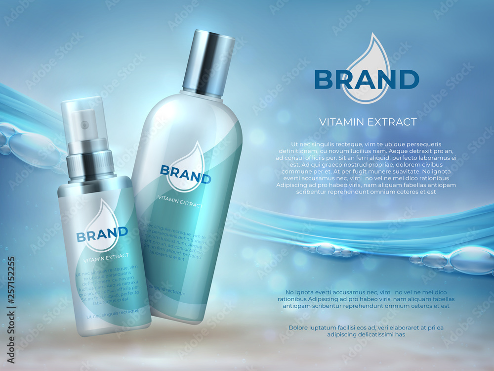 Cosmetic product background. Blue water beauty skin care fresh moisture cream bottle face mask. Vector cosmetic promotion template Cosmetic product background. Blue water beauty skin care fresh moisture cream bottle face mask. Vector cosmetic promotion template