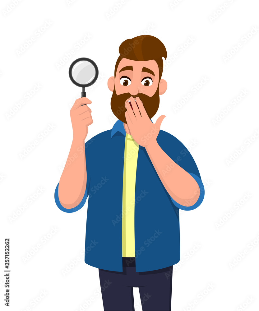 Shocked young man holding/showing magnifying glass and covering hand on mouth. Search, find, discovery, analyze, inspect, investigation, human emotion concept illustration in vector cartoon flat Shocked young man holding/showing magnifying glass and covering hand on mouth. Search, find, discovery, analyze, inspect, investigation, human emotion concept illustration in vector cartoon flat