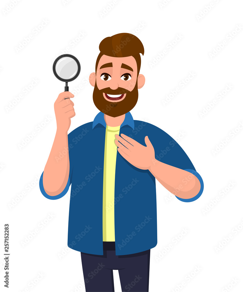 Smart young man holding/showing magnifying glass and holding hand on chest. Search, find, discovery, analyze, inspect, investigation, human emotion concept illustration in vector cartoon flat style. Smart young man holding/showing magnifying glass and holding hand on chest. Search, find, discovery, analyze, inspect, investigation, human emotion concept illustration in vector cartoon flat style.
