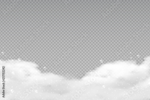 Realistic bath foam. Transparent shampoo bubbles, laundry soapy frame, shower shaving gel foam. Vector design template