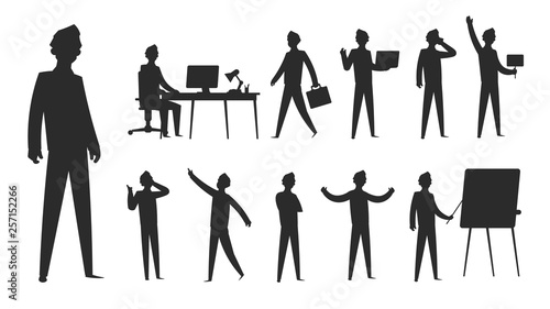 Business people silhouette. Businessman stand professional man figure office group team woman figure. Vector contour team silhouettes set photo