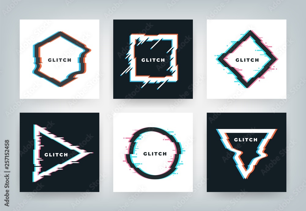 Glitch effect posters. Retro futuristic distortion dynamic geometry shapes, minimal abstract background. Vector glitched party flyers set Glitch effect posters. Retro futuristic distortion dynamic geometry shapes, minimal abstract background. Vector glitched party flyers set
