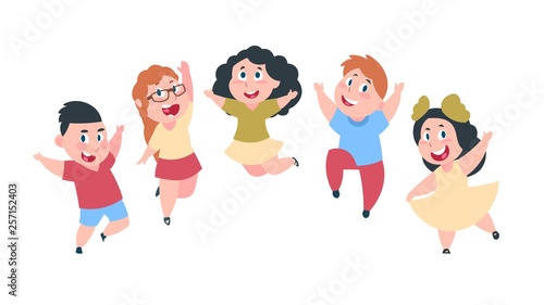 Happy cartoon kids. Cute boy and girl children, group of school students, kids friendship concept. Vector isolated smile jumping children