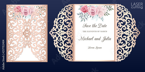 Laser cut wedding invitation card template vector. Die cut paper card with lace pattern. Cutout paper gate fold card for laser cutting or die cutting template. Wedding invitation with rose flowers.