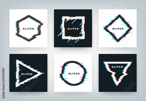 Glitch effect posters. Retro futuristic distortion dynamic geometry shapes, minimal abstract background. Vector glitched party flyers set