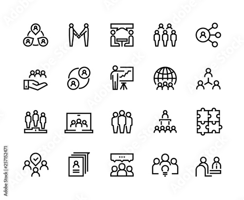 Team work line icons. Business person group work human support teamwork leadership working together. Vector employee set