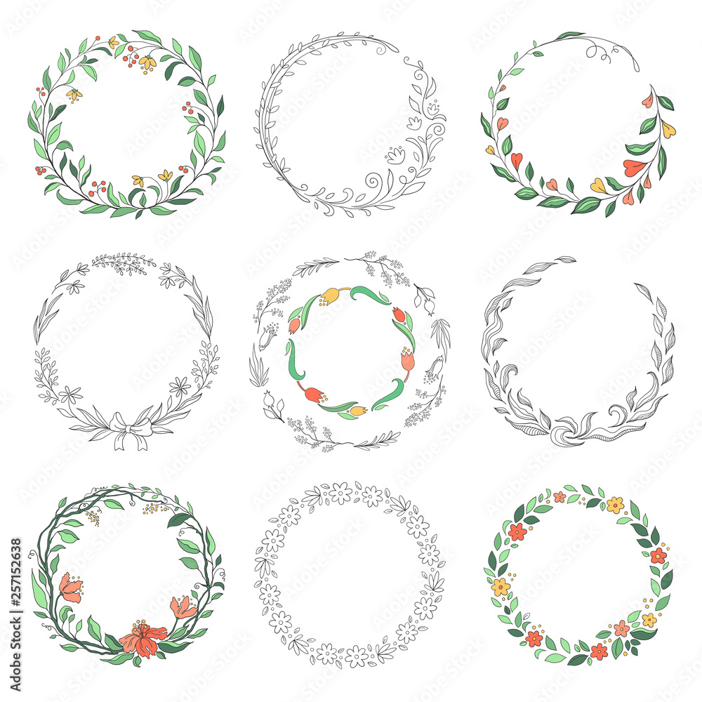 Floral circle doodle frames. Hand drawn linear round borders, florist vintage design elements. Vector doodle circular borders set